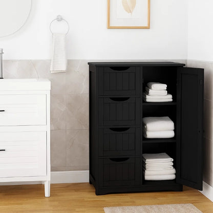 Bathroom Floor Cabinet Wooden Freestanding Storage with 4 Drawers & 1 Door Adjustable Shelf – Black
