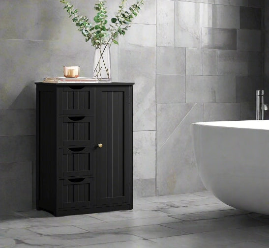 Bathroom Floor Cabinet Wooden Freestanding Storage with 4 Drawers & 1 Door Adjustable Shelf – Black