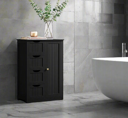 Bathroom Floor Cabinet Wooden Freestanding Storage with 4 Drawers & 1 Door Adjustable Shelf – Black