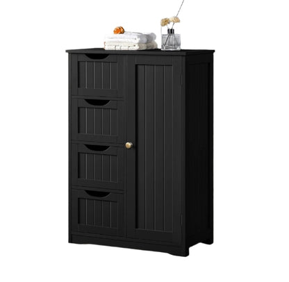 Bathroom Floor Cabinet Wooden Freestanding Storage with 4 Drawers & 1 Door Adjustable Shelf – Black