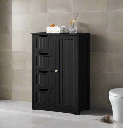 Bathroom Floor Cabinet Wooden Freestanding Storage with 4 Drawers & 1 Door Adjustable Shelf – Black