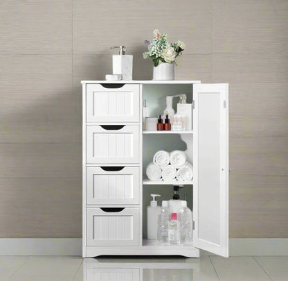 Bathroom Floor Cabinet Wooden Freestanding Storage with 4 Drawers & 1 Door Adjustable Shelf – White