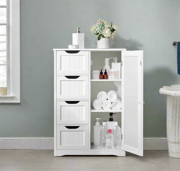 Bathroom Floor Cabinet Wooden Freestanding Storage with 4 Drawers & 1 Door Adjustable Shelf – White