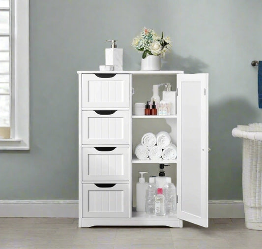 Bathroom Floor Cabinet Wooden Freestanding Storage with 4 Drawers & 1 Door Adjustable Shelf – White