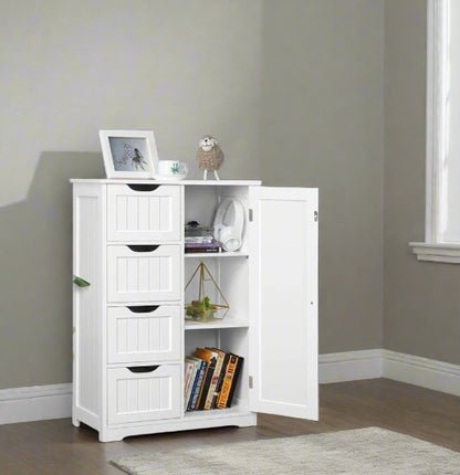 Bathroom Floor Cabinet Wooden Freestanding Storage with 4 Drawers & 1 Door Adjustable Shelf – White