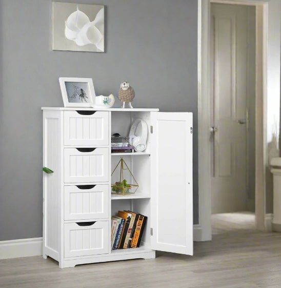 Bathroom Floor Cabinet Wooden Freestanding Storage with 4 Drawers & 1 Door Adjustable Shelf – White