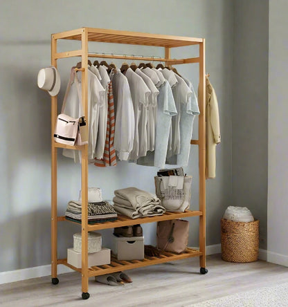 Wooden Clothes Rail Rack – Heavy Duty Garment Hanging Stand with Shelves Open Wardrobe