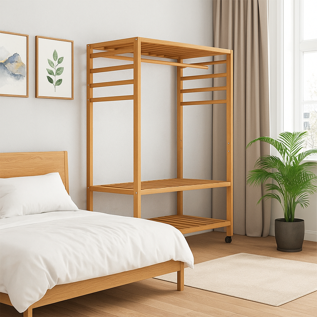 Wooden Clothes Rail Rack – Heavy Duty Garment Hanging Stand with Shelves Open Wardrobe