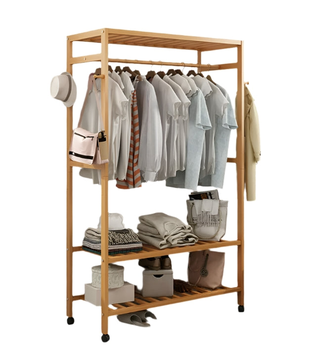 Wooden Clothes Rail Rack – Heavy Duty Garment Hanging Stand with Shelves Open Wardrobe