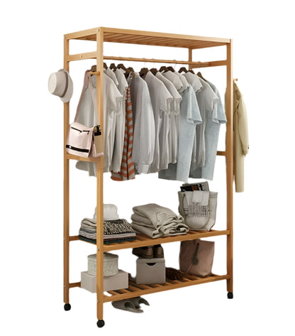 Wooden Clothes Rail Rack – Heavy Duty Garment Hanging Stand with Shelves Open Wardrobe