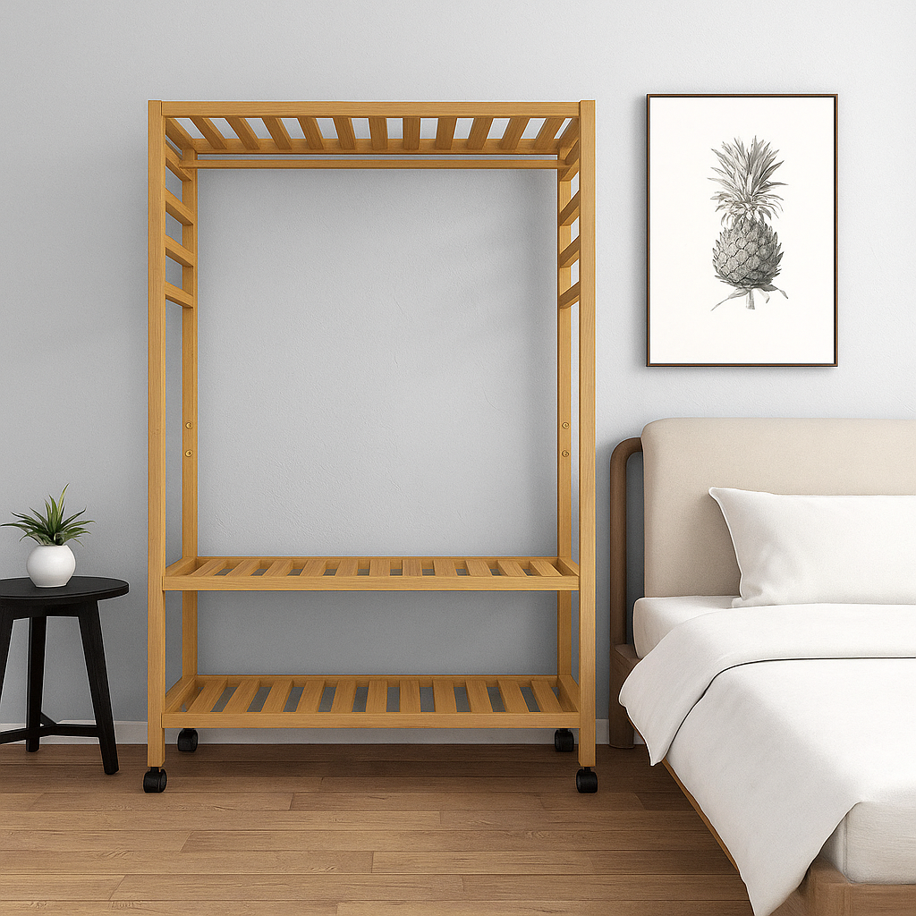 Wooden Clothes Rail Rack – Heavy Duty Garment Hanging Stand with Shelves Open Wardrobe