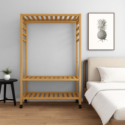 Wooden Clothes Rail Rack – Heavy Duty Garment Hanging Stand with Shelves Open Wardrobe