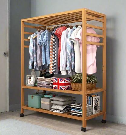 Wooden Clothes Rail Rack – Heavy Duty Garment Hanging Stand with Shelves Open Wardrobe