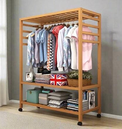 Wooden Clothes Rail Rack – Heavy Duty Garment Hanging Stand with Shelves Open Wardrobe