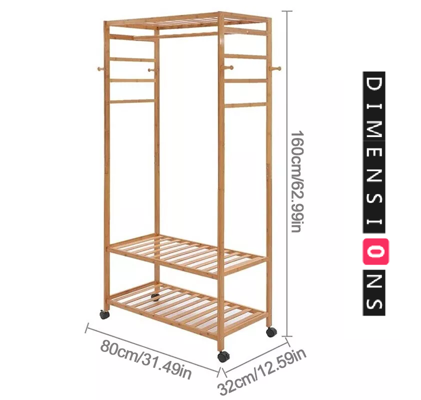 Wooden Clothes Rail Rack – Heavy Duty Garment Hanging Stand with Shelves Open Wardrobe