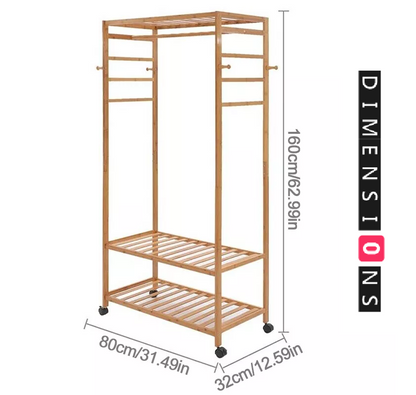 Wooden Clothes Rail Rack – Heavy Duty Garment Hanging Stand with Shelves Open Wardrobe