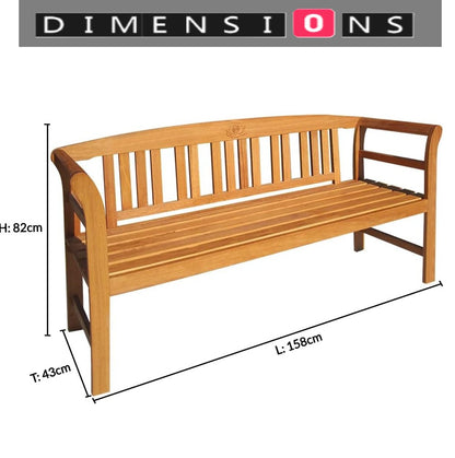 3 Seater Wooden Garden Bench with Armrest - 158cm