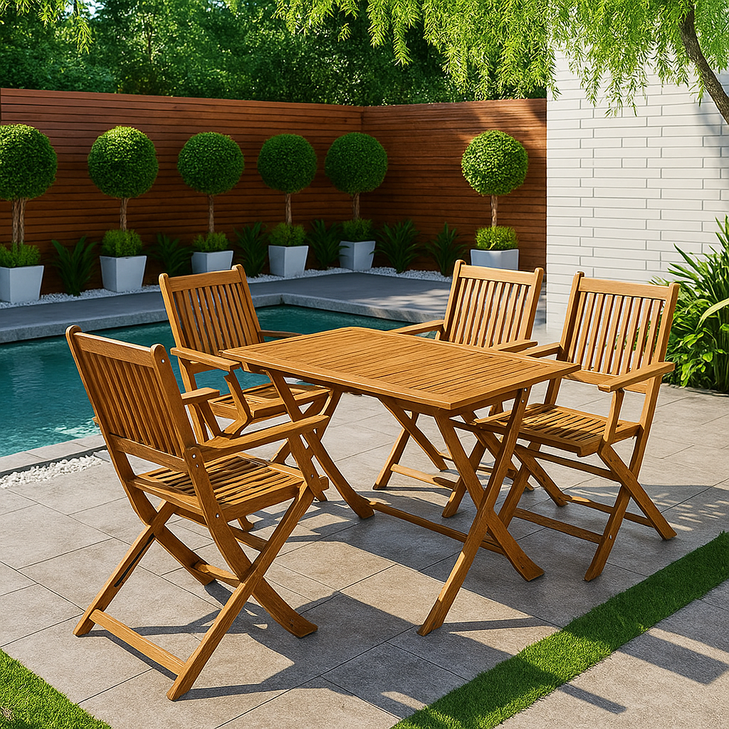 5 Piece Wooden Garden Dining Set – Foldable Outdoor Table & 4 Chairs for Patio, Balcony & Terrace