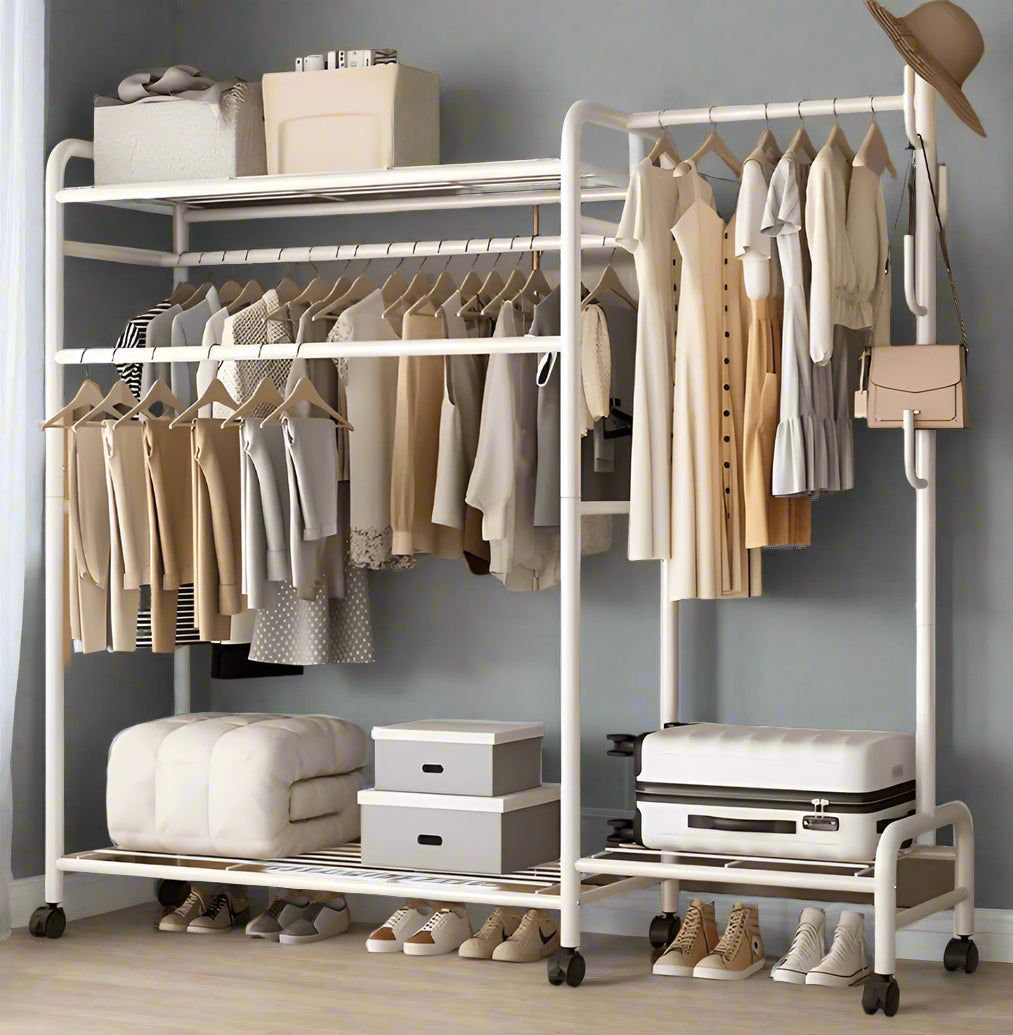 Heavy Duty Metal Clothes Rail Rack with Double Hanging Rods, Storage Shelves & Wheels – White