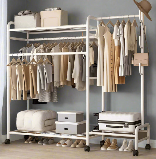 Heavy Duty Metal Clothes Rail Rack with Double Hanging Rods, Storage Shelves & Wheels – White