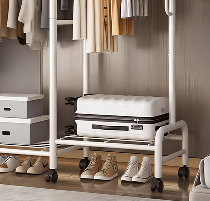 Heavy Duty Metal Clothes Rail Rack with Double Hanging Rods, Storage Shelves & Wheels – White