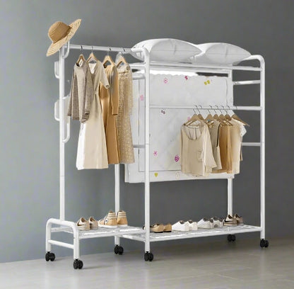 Heavy Duty Metal Clothes Rail Rack with Double Hanging Rods, Storage Shelves & Wheels – White