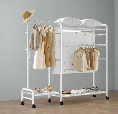 Heavy Duty Metal Clothes Rail Rack with Double Hanging Rods, Storage Shelves & Wheels – White