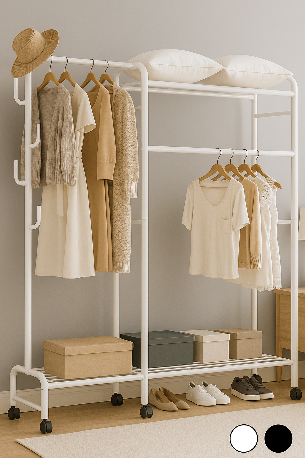 Heavy Duty Metal Clothes Rail Rack with Double Hanging Rods, Storage Shelves & Wheels – White