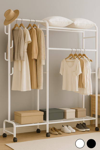 Heavy Duty Metal Clothes Rail Rack with Double Hanging Rods, Storage Shelves & Wheels – White