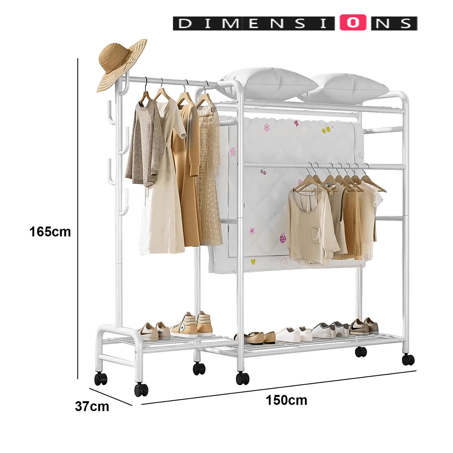 Heavy Duty Metal Clothes Rail Rack with Double Hanging Rods, Storage Shelves & Wheels – White