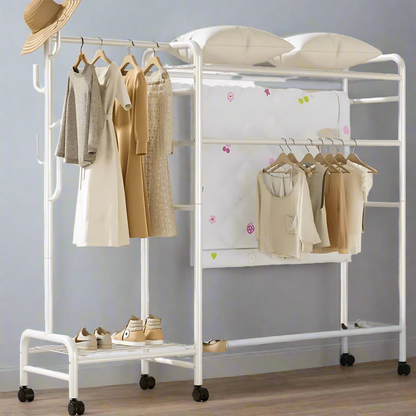 Heavy Duty Metal Clothes Rail Rack with Double Hanging Rods, Storage Shelves & Wheels – White