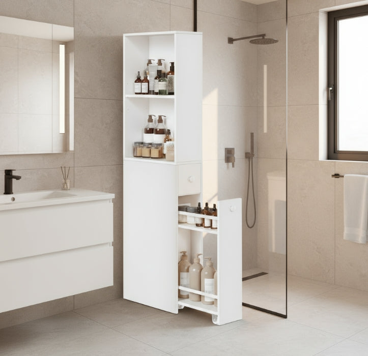 Tall Slim Bathroom Storage Cabinet – Freestanding Narrow Unit with Drawers & Adjustable Shelf White