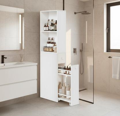 Tall Slim Bathroom Storage Cabinet – Freestanding Narrow Unit with Drawers & Adjustable Shelf White