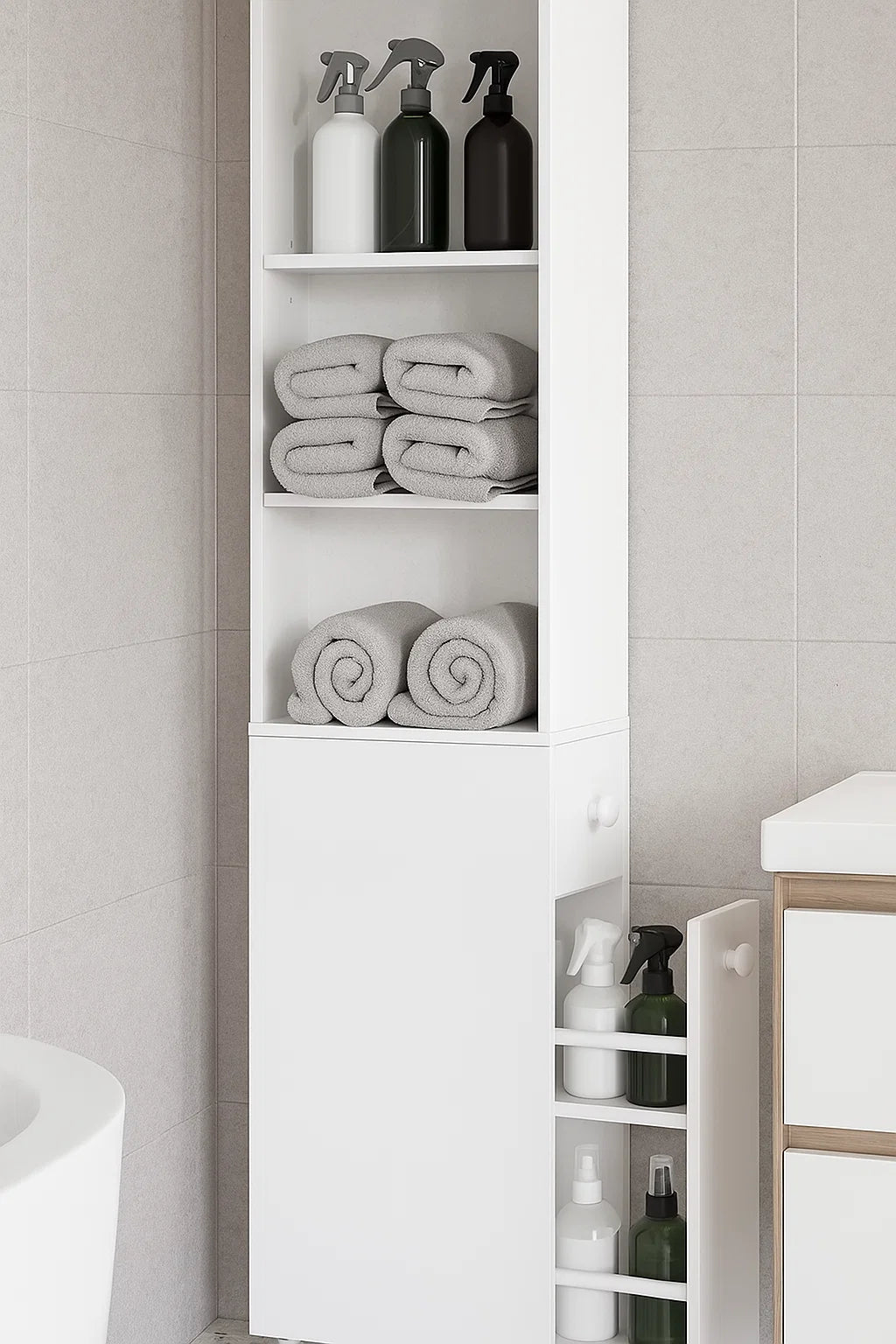 Tall Slim Bathroom Storage Cabinet – Freestanding Narrow Unit with Drawers & Adjustable Shelf White