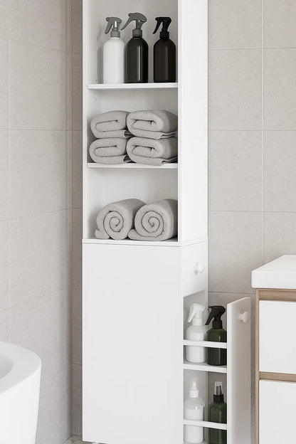 Tall Slim Bathroom Storage Cabinet – Freestanding Narrow Unit with Drawers & Adjustable Shelf White
