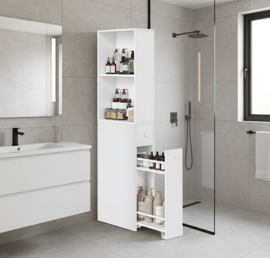 Tall white bathroom cabinet with shelves and doors in a modern bathroom setting.