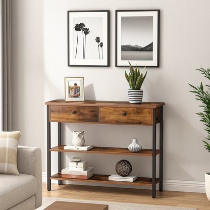 Rustic Brown Console Table with 2 Drawers – Industrial Hallway Table Sofa Side Table with Storage
