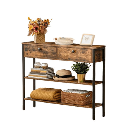 Rustic Brown Console Table with 2 Drawers – Industrial Hallway Table Sofa Side Table with Storage