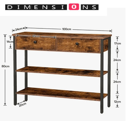 Rustic Brown Console Table with 2 Drawers – Industrial Hallway Table Sofa Side Table with Storage