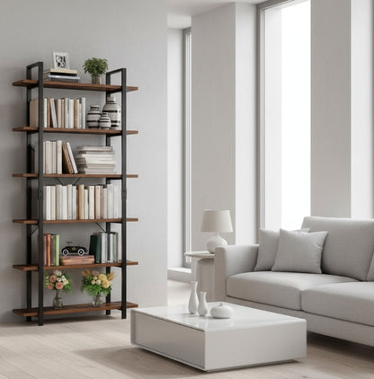 Tall 6-Tier Bookcase 210cm Vintage Brown & Black Freestanding Bookshelf for Living Room & Office