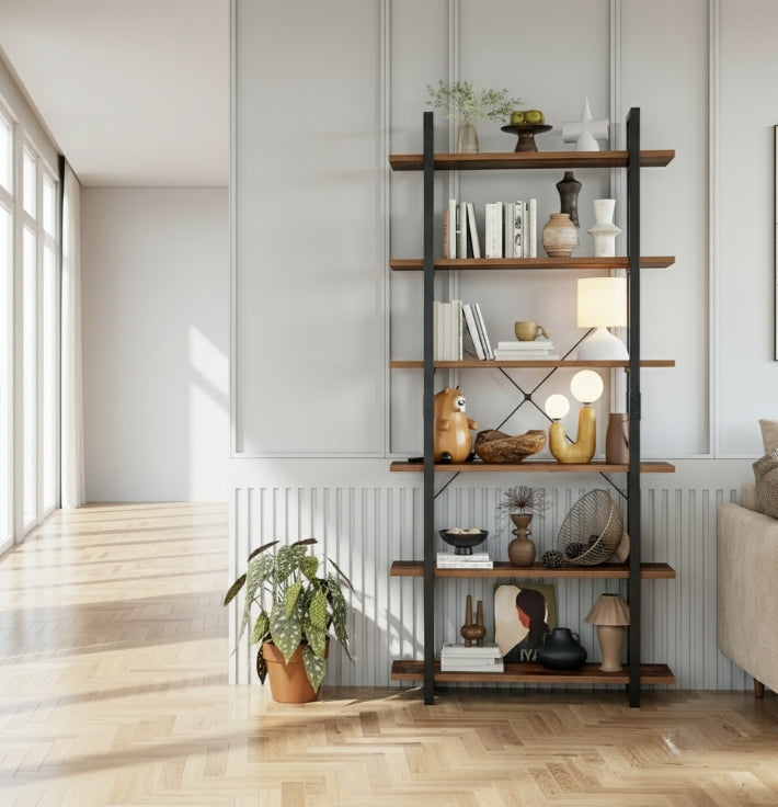 Tall 6-Tier Bookcase 210cm Vintage Brown & Black Freestanding Bookshelf for Living Room & Office