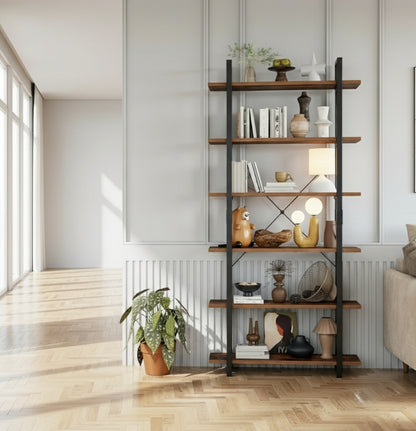 Tall 6-Tier Bookcase 210cm Vintage Brown & Black Freestanding Bookshelf for Living Room & Office