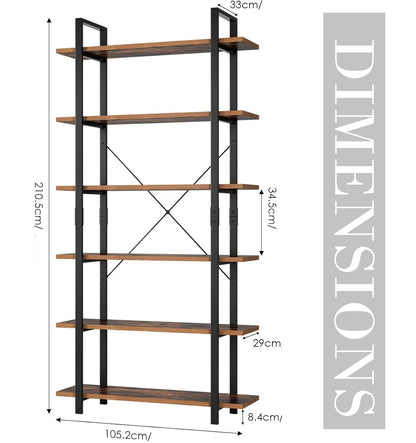 Tall 6-Tier Bookcase 210cm Vintage Brown & Black Freestanding Bookshelf for Living Room & Office