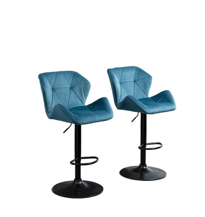 Set of 2 Blue Velvet Bar Stools Adjustable Swivel Breakfast Chairs with Footrest & Metal Base