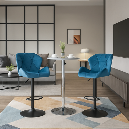 Set of 2 Blue Velvet Bar Stools Adjustable Swivel Breakfast Chairs with Footrest & Metal Base