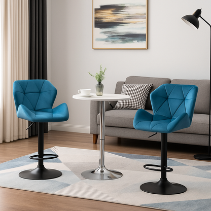 Set of 2 Blue Velvet Bar Stools Adjustable Swivel Breakfast Chairs with Footrest & Metal Base
