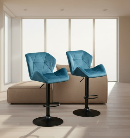 Set of 2 Blue Velvet Bar Stools Adjustable Swivel Breakfast Chairs with Footrest & Metal Base