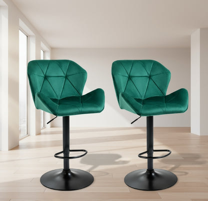 Set of 2 Green Velvet Bar Stools Adjustable Swivel Breakfast Chairs with Footrest & Metal Base