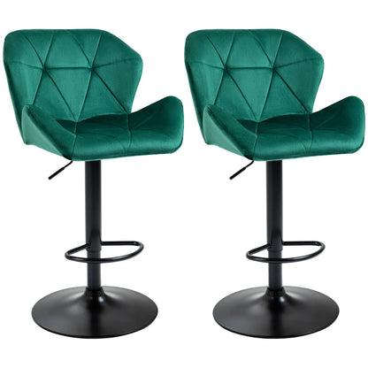 Set of 2 Green Velvet Bar Stools Adjustable Swivel Breakfast Chairs with Footrest & Metal Base