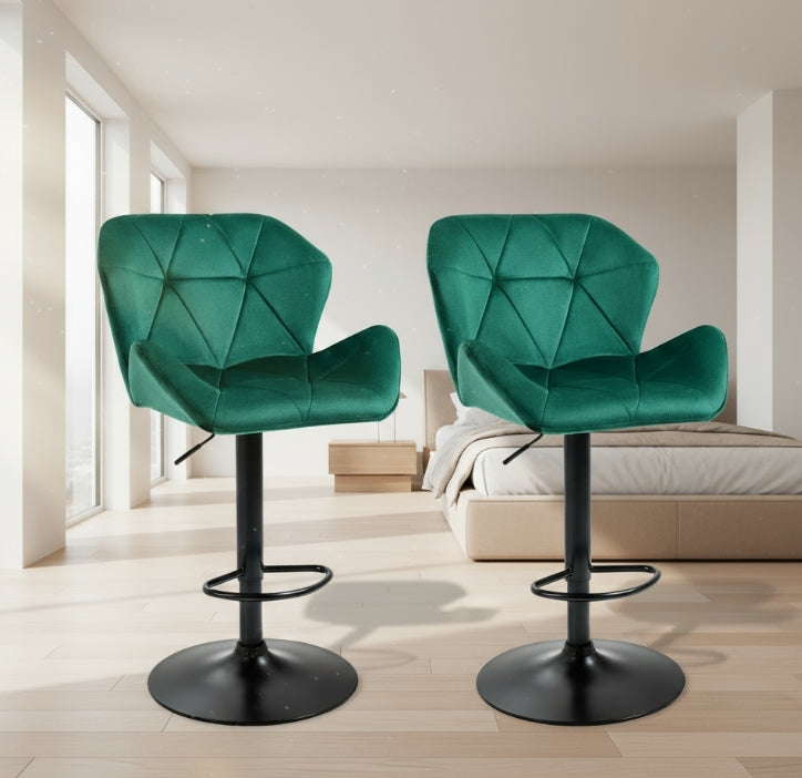 Set of 2 Green Velvet Bar Stools Adjustable Swivel Breakfast Chairs with Footrest & Metal Base